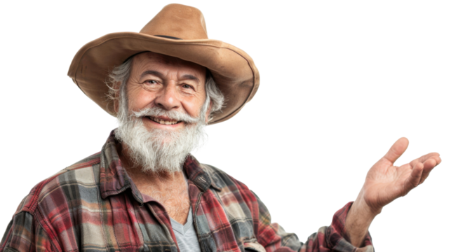 Smiling senior farmer wearing cowboy hat gesturing with open hand on transparent background