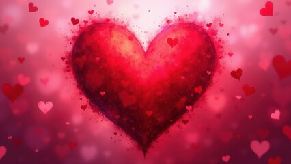 A vibrant heart artwork with a large red heart in the center surrounded by smaller hearts on a pink background