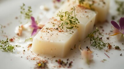 Delicate Culinary Art with Herbs and Flowers on White Plate