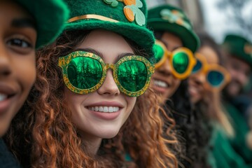 Young people wearing green hats and glasses celebrating saint patrick's day