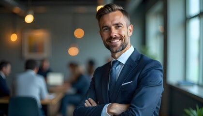 Fototapeta premium Confident Entrepreneur: A composed business person, exuding self-assurance and warmth, beams a radiant smile while standing in a contemporary office environment. A professional in a sharp suit.