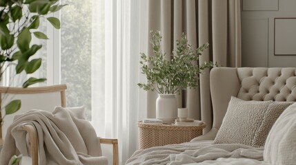 Cozy bedroom scene with window, chair, bed, curtains, and plants