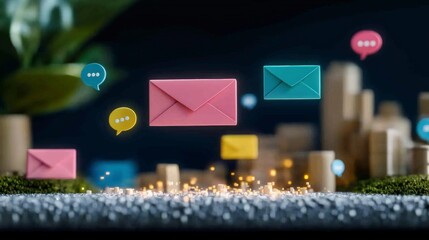 Obraz premium 3D Email Marketing Campaign Colorful Envelopes Chat Bubbles Cityscape