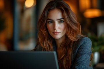 Obraz premium Focused businesswoman working on laptop in cozy cafe