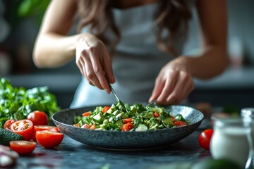 Woman mixing fresh vegetable salad in a bowl with two forks