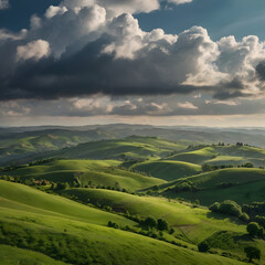 Rolling Green Hills Under a Cloudy Sky