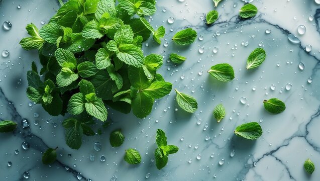 瑞々しいミントの香り：涼しげな水滴とハーブの美しさ