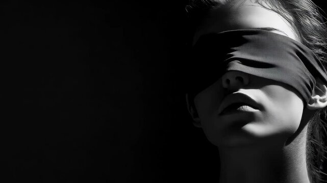 Black and white artistic image of a blindfolded beautiful woman
