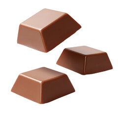 Fototapeta premium Three smooth and glossy chocolate squares displayed at different angles, showcasing their rich texture and color. Isolated on white or transparent png for versatile use.