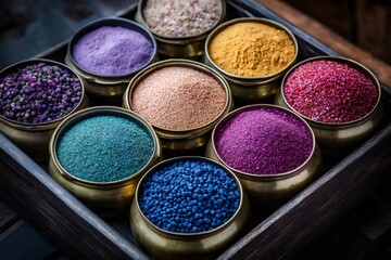 Naklejka premium Colorful pigments and powders filling small brass bowls in wooden tray