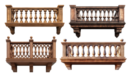 Set of wooden balconies with classic railing design, isolated on transparent cutout background