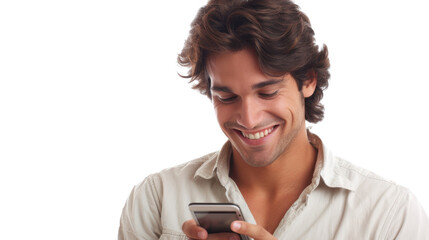 Fototapeta premium Happy man smiling and reading a text message on transparent background