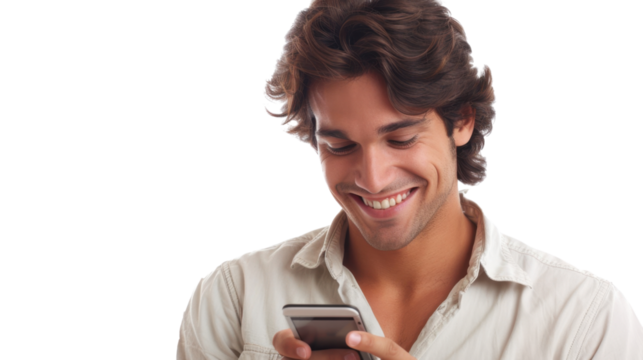 Happy man smiling and reading a text message on transparent background