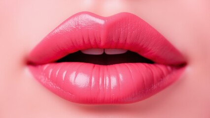 Obraz premium Close-up of kissy lips with a glossy pink finish