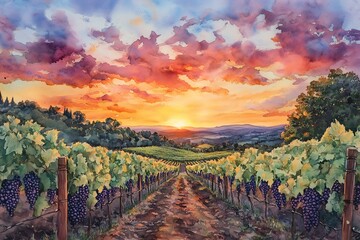 Naklejka premium Sunset Over Vineyard