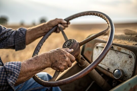 old farmer grip tractor steering wheel. Agricultural labor and hard work