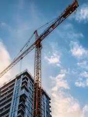 Fototapeta premium Tower crane lifting heavy materials in a growing city skyline