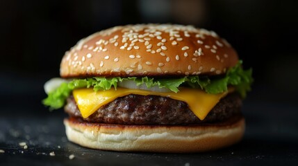 Juicy Cheeseburger with Fresh Lettuce and Sesame Seed Bun