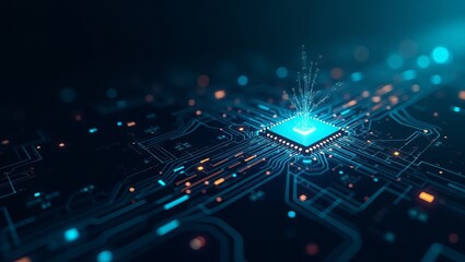 Fototapeta premium The Heart Of Digital Innovation Pulsates With Vibrant Energy, A Bright Blue Core Exploding With Data Streams Across Intricate Circuit Pathways In A Deep Blue Digital Landscape