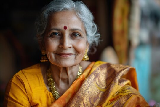 Portrait of smiling senior indian woman wearing traditional clothes and jewelry