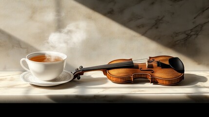 Morning tea and coffee break with violin music cozy kitchen still life warm atmosphere artistic perspective