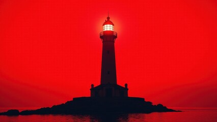 A lighthouse stands tall against a vivid red sky, its light glowing brightly at the top, creating a striking silhouette.