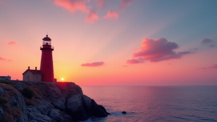 Fototapeta premium A red lighthouse stands on a rocky cliff by the sea during a vibrant sunset.