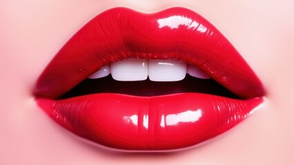 Obraz premium Luscious lips with a glossy red finish, slightly parted to reveal white teeth.