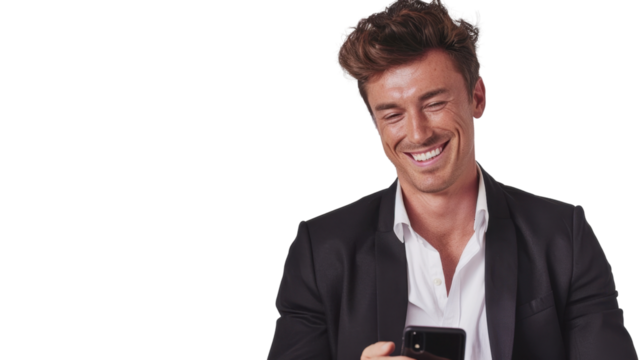 Happy businessman smiling and using smartphone on transparent background