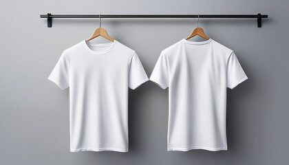 Blank white t-shirt front and back mockup with clothes hanger on plain background