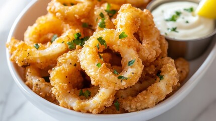 Crispy Fried Onion Rings with Dipping Sauce and Fresh Garnish