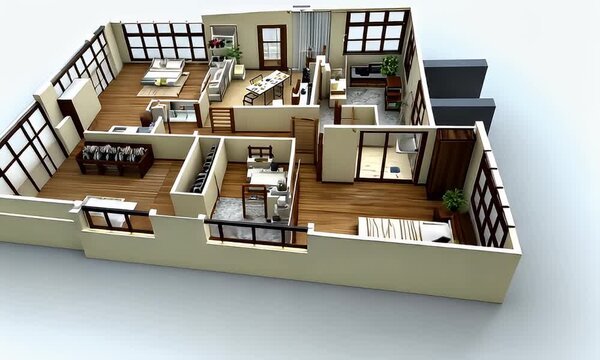 Aerial view of a residential floor plan showcasing interior living spaces with natural light and a neutral background