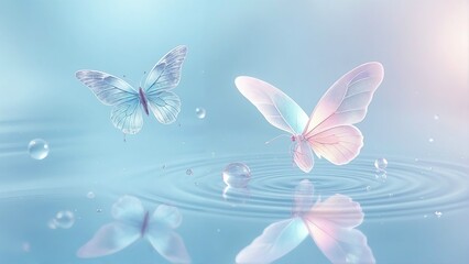 Generative A.I. creates a dreamlike scene of two ethereal butterflies with translucent wings hovering over a rippling water surface, reflecting light in a serene, magical atmosphere