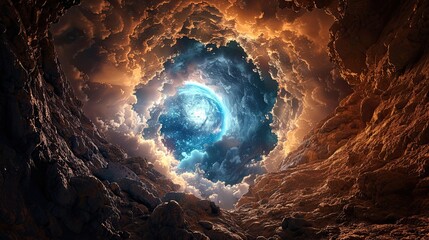 Celestial portal amidst craggy cliffs and ethereal cloudscapes fantasy