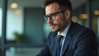 Fototapeta premium Focused Professional: A sharply dressed professional with glasses is engrossed in his work, a focused expression etched on his face, demonstrating dedication in a sleek and modern office. 