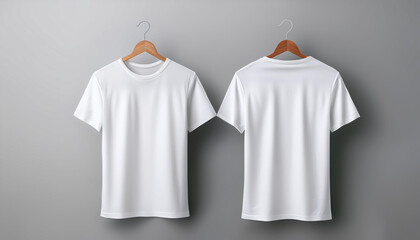 Blank white t-shirt front and back mockup with clothes hanger on plain background
