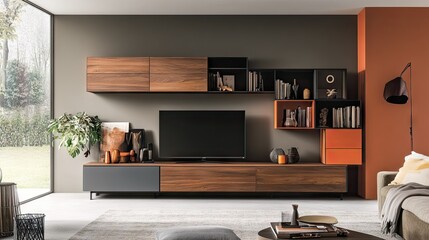Built-in TV unit with wooden cabinets and open shelving in a contemporary living room.