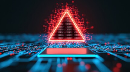 Digital Warning Triangle with Binary Code on Futuristic Background