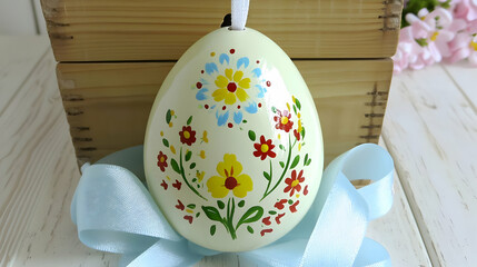 Painted Easter egg with ribbon, wooden boxes, flowers. Spring holiday decoration
