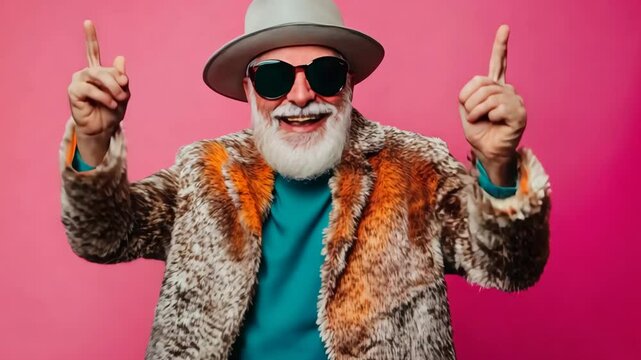 Energetic elderly man dancing in colorful fur coat against pink background