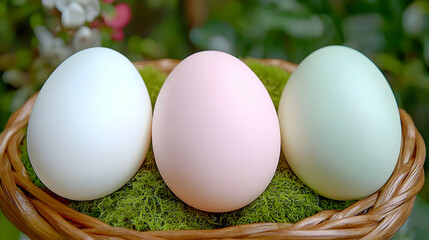 Pastel eggs in wicker basket, spring garden