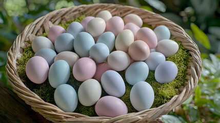 Pastel eggs in wicker basket, spring greenery background. Easter, holiday, food photography