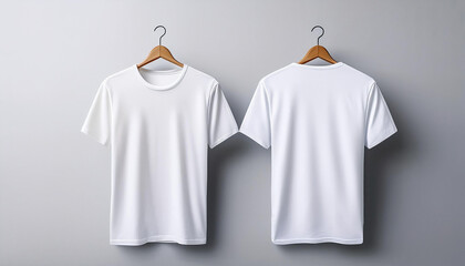 Blank white t-shirt front and back mockup with clothes hanger on plain background