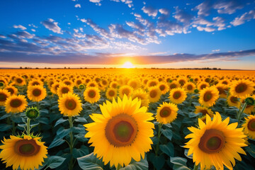 Obraz premium A vibrant field of sunflowers under a blue sky