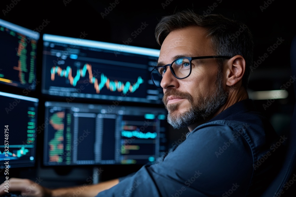 Poster Stock trader analyzing real time data and charts on computer screens, working late at night