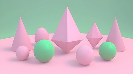 Pastel geometric shapes on pink surface, minimalist background, design element