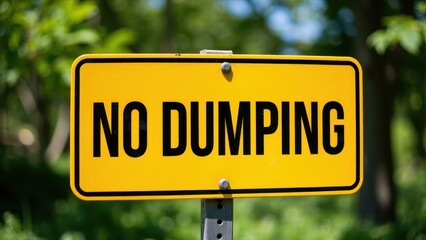 A yellow sign with a black border and text, indicating "no dumping" in a natural setting.