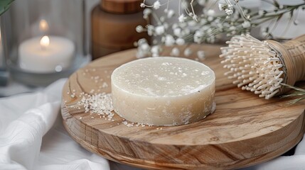 Rustic spa still life with natural soap, candle, and wooden accessories