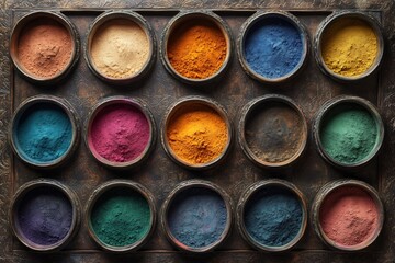 Small bowls brimming with colorful holi powder arranged on a decorated tray