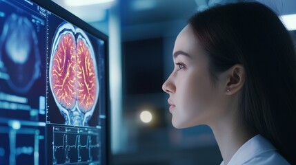 Young Female Scientist Analyzing Brain Scan on Computer Screen